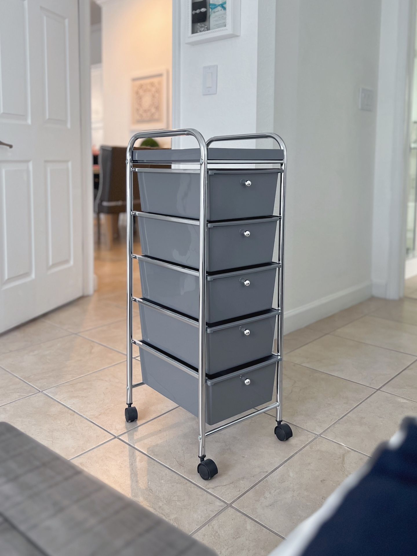 5 Drawer Rolling Cart Utility Organization With Wheels Office Storage Grey Gray