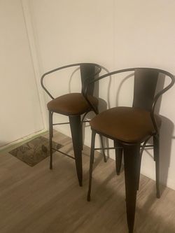 Set of 2  Metal Bar Stools with Cushioned Seats & Curved Backrest