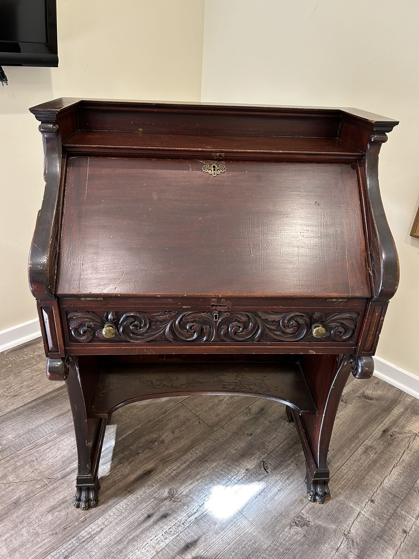 Antique Mahogany Secretary Desk – Carved Front • Drop-Front Writing Surface • Claw Feet
