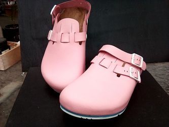 Pink Double-Buckle Leather Clogs