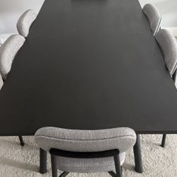 Modern Extendable Dining Table Set – Seats 6 to 8 | Black Table + 6 Gray Chairs