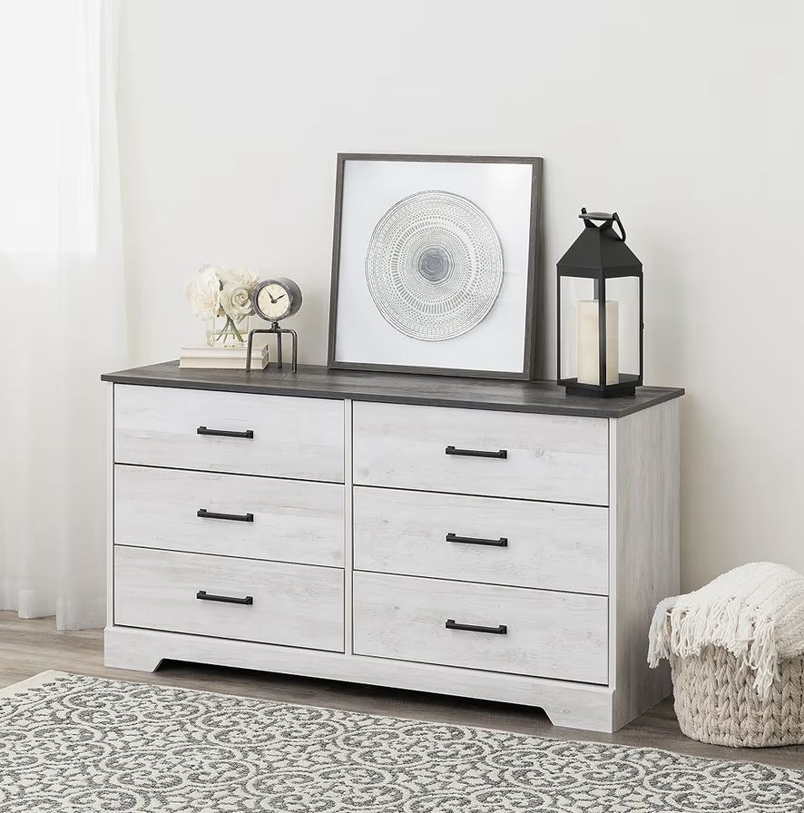 Prepac Rustic Ridge Farmhouse 6-Drawer Double Dresser, Washed White Dresser for Bedroom, Chest of Drawers with 6 Storage Drawers, 53.25” wide x 18.25”