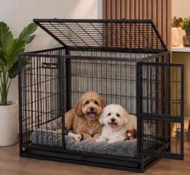 36.4" Heavy-Duty Dog Crate, Feeding Door, Double Doors Escape-Proof Metal Kennel, Removable Tray, M-8