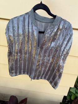 Trendy Sequin Striped Zip-Up Crop Bomber Jacket / Top - Taupe / Grey (Size M/L)
