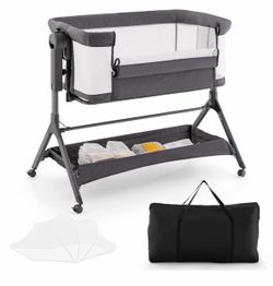 Baby joy Height Adjustable Bedside Sleeper Baby Crib with Storage Bag Gray