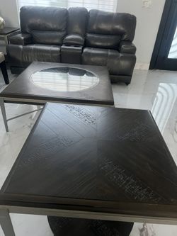 Real Leather Recliner, two piece Sofa, and, one coffee table, 2 side tables
