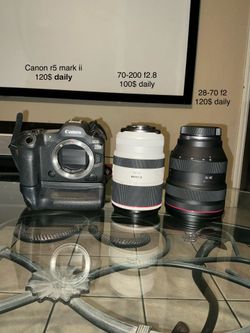Canon r5 mark 2 with 28/70 mm f2 and 70/200 f2.8 and Godox v100 and more bag memory etc 7800$