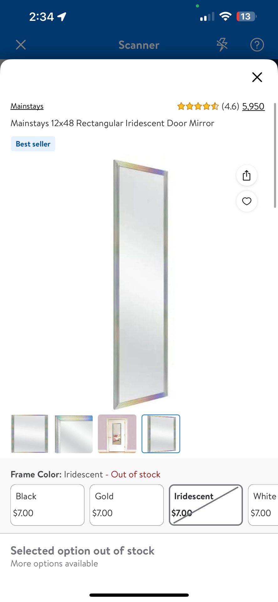 New Mainstays 12x48 Rectangular Iridescent Door Mirror