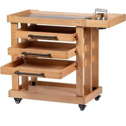 MEEDEN Art Supplies Storage Cart: 5-Tier Solid Beech Wood Utility Rolling Cart with 3 Drawers - Craft Orgnizer on 4 Wheels - Natural Color