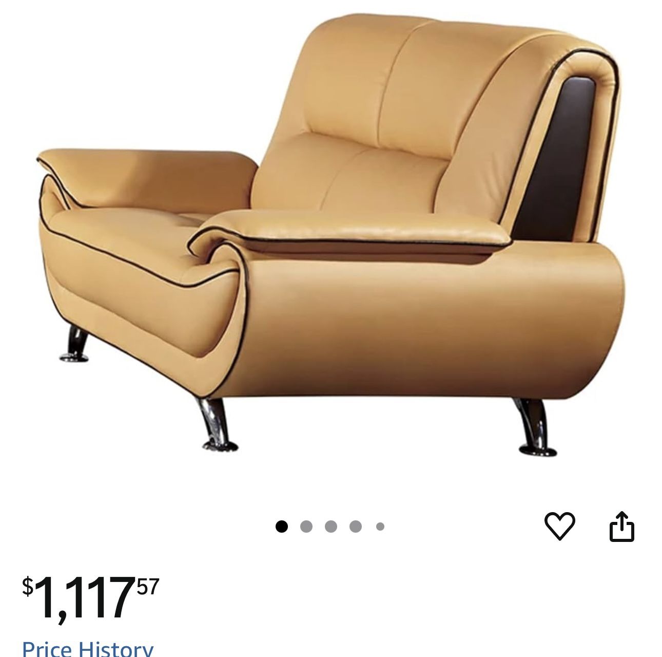 Loveseat, Yellow Leather, Pillow Top Arms, 67 Inch, Khaki, Black and Chrome