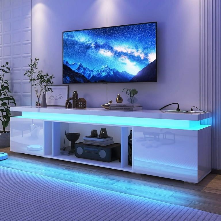 High Gloss LED TV Stand for up to 95" TVs, 83" Large Entertainment Center Console Table with Power Charging Station