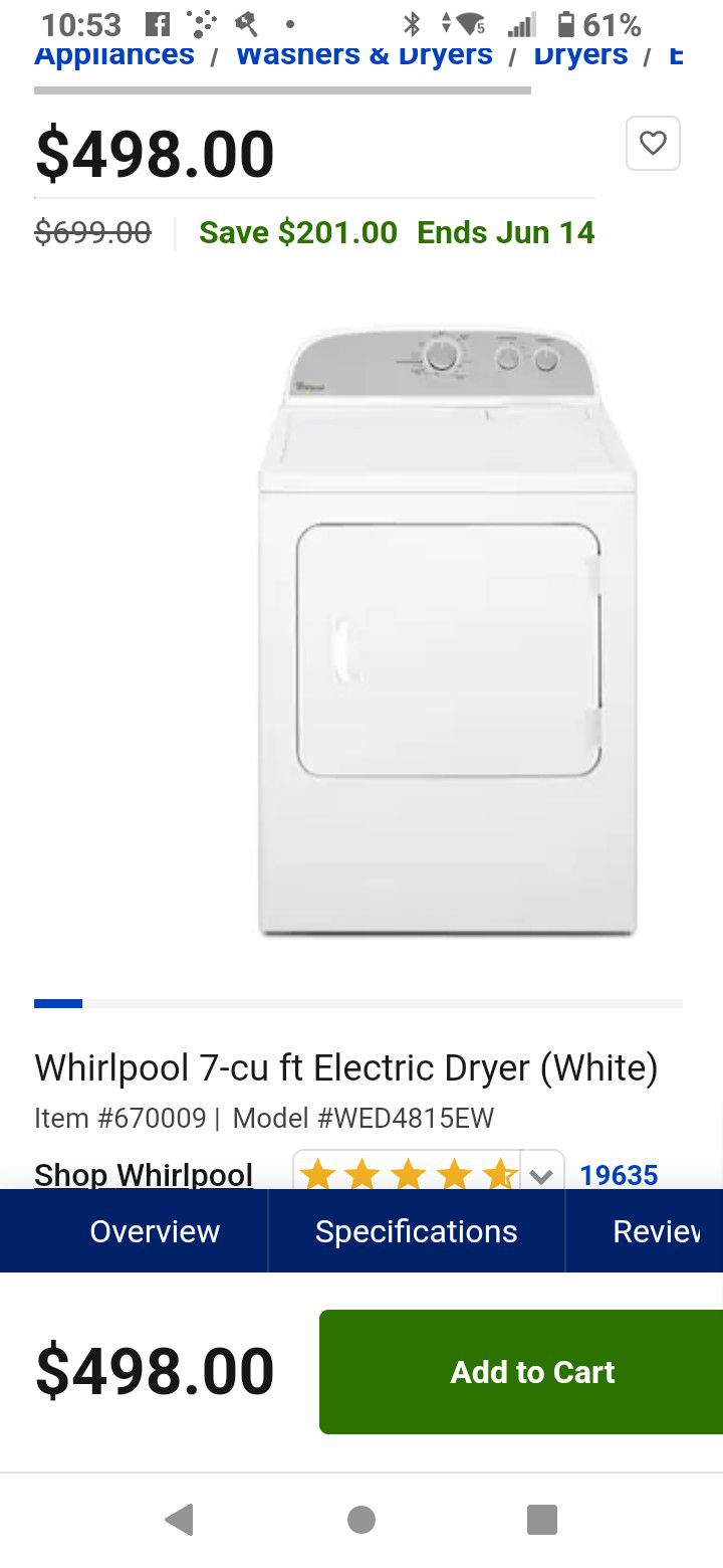 Whirlpool Electric Dryer WED4815EW