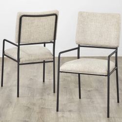 (4) Upholstered Dining Armchairs – Beige with Black Metal Frame