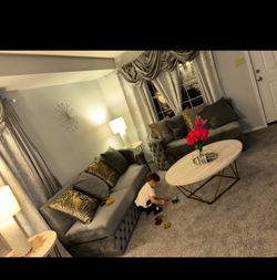 Gray Velvet Tufted Sectional Sofa Set