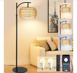 Floor Lamp with Shade – 12W Bright Dimmable LED Bulb, Remote Control 3 Color Temperatures, Modern Farmhouse Handwoven Arc Standing Light for Living Ro