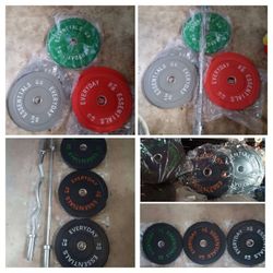 Curl Bar, Olympic Bar, Bumper Weight Plates, Adjustable Bench & Rack, Weights, Tree