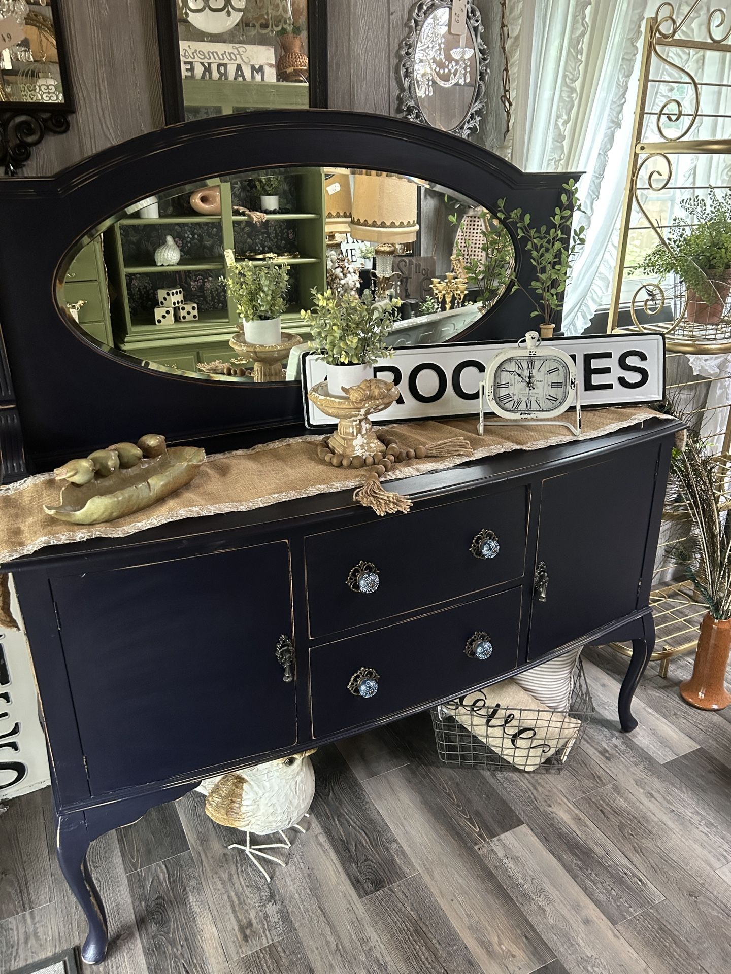 Midnight Blue Antique Farmhouse Buffet W/ Mirror