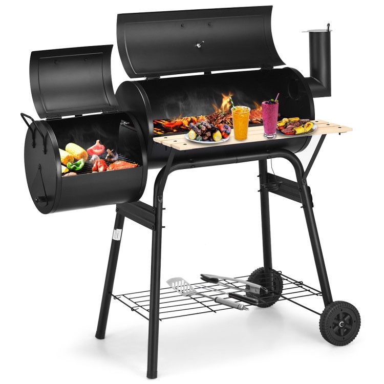 Outdoor BBQ Grill with Offset Smoker & Thermometer, Portable Barbecue Charcoal Grill Oven 