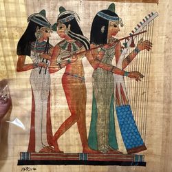 Authentic Egyptian Papyrus Signed With 3 Musician Girls