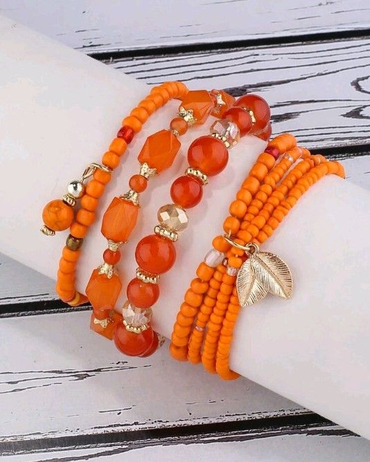 Boho Style Leaf Pendant Beaded 4-pc. Bracelet Set