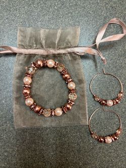 New, Rose Gold & Pearl Beaded Bracelet + Hoop Earrings Set