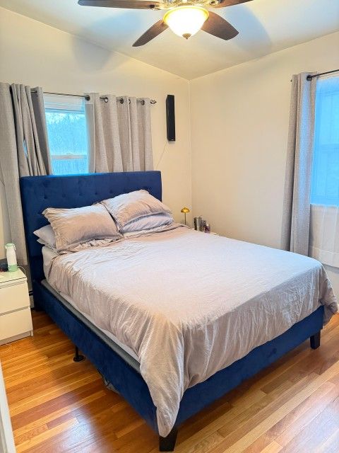 Blue Upholstered Queen Bed Frame, Box Spring And Mattress