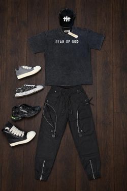 Fear of God shirt, Rick Owens pants, Chrome Hearts hat and Rick Owens Sneakers or Maison Yasuhiro or Balenciaga sneakers.