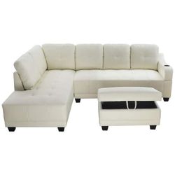 New White Leather Sectional Set With Cup Holder & Free Delivery