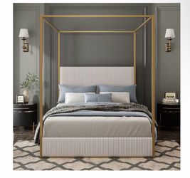 Queen Size Canopy Bed Frame with Tall Upholstered Headboard, Beige