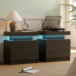 Set of 2, Bedside Tables with LED Lights