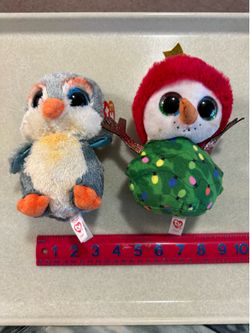 CA. 2 PLUSH. TY. BEANIE BOOS. GARLAND SNOWMAN. FISHER THE BIRD.