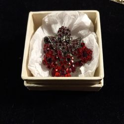 Red Rhinestone Signed Brooch