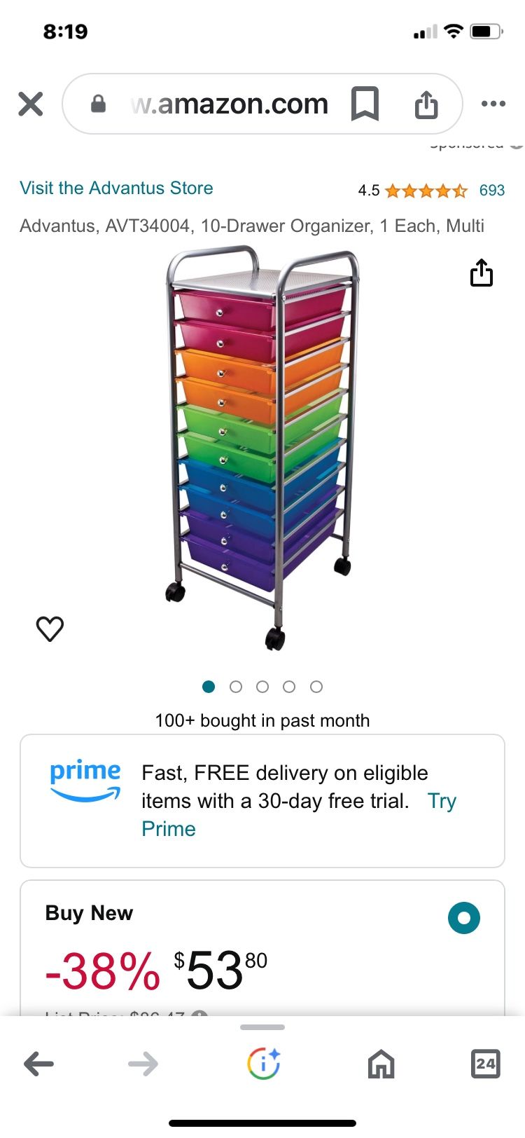 Rolling Cart With 10 Color Drawer Organizer Used Like New