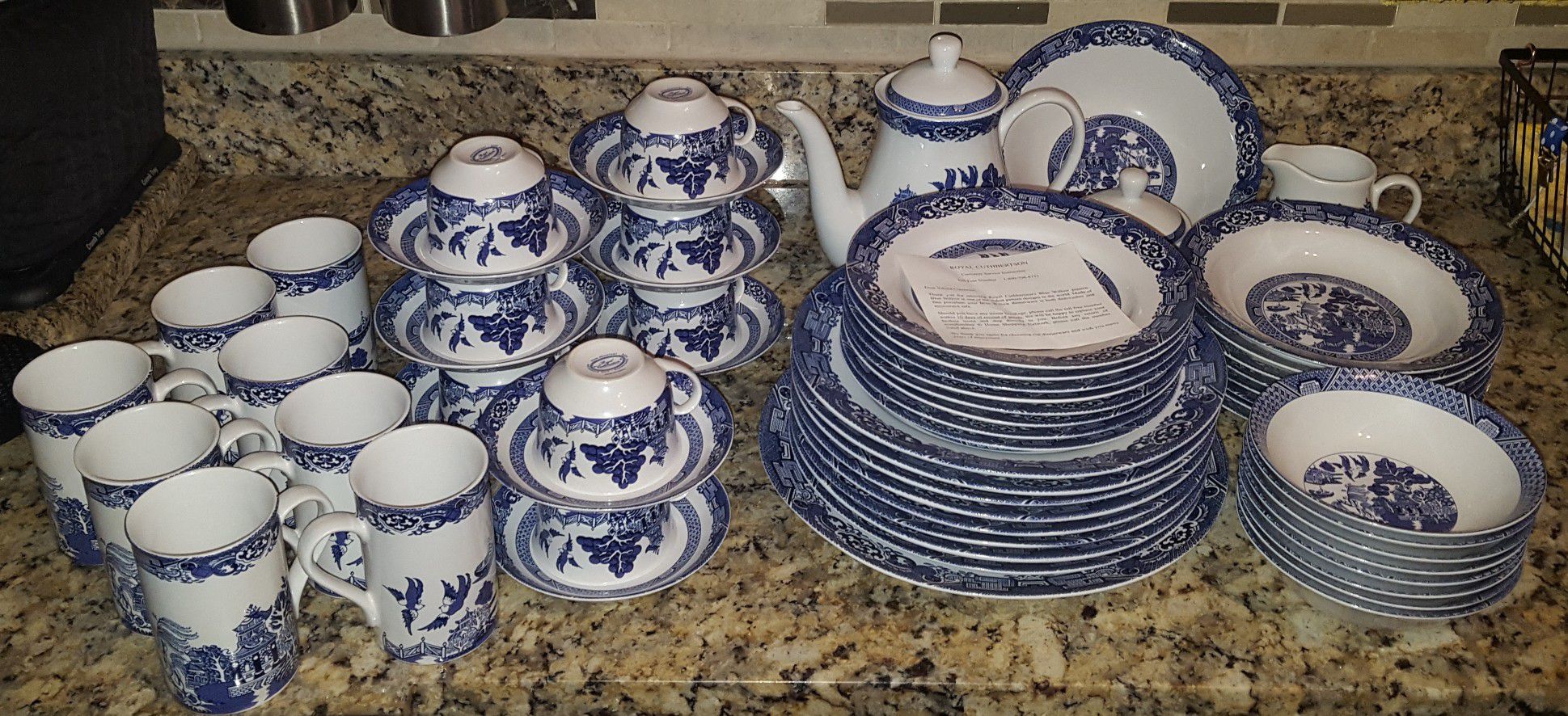 62 Piece Lot - Royal Cuthbertson Blue Willow China Large Lot Unused Open Box