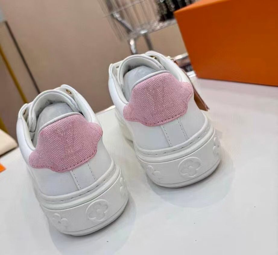Louis V uitton New Time Out Collection Platform White Sneakers | White with Pink Accents | Boldly Stylish & Vibrant
