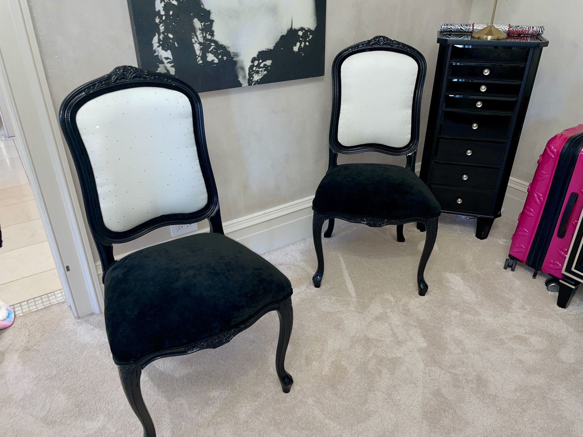 Pair Of Velvet Side Chairs Black Lacquer and White