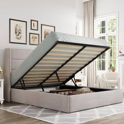 Queen Size Lift Up Hydraulic Storage Bed Frame Light Beige Modern Wingback Headboard, Hydraulic Support Storage, No Box Spring Needed
