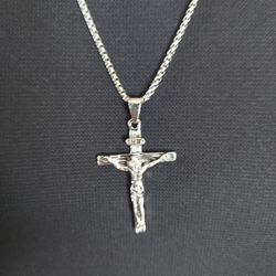 Crucifix Jesus Christ Cross Silver Stainless Steel Chain With Charm 