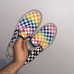 Rainbow checkerboard slip on vans Size 8.5 W