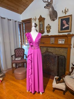 Magenta Ruffle Maxi Dress with Gold Belt