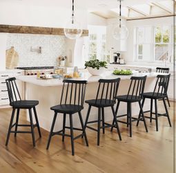 LUE BONA 360° Swivel Bar Stools Set of 6. Black Windsor Barstools, Counter Height Barstool with Spindle Back, 24 inch Farmhouse Wooden Counter Stools 