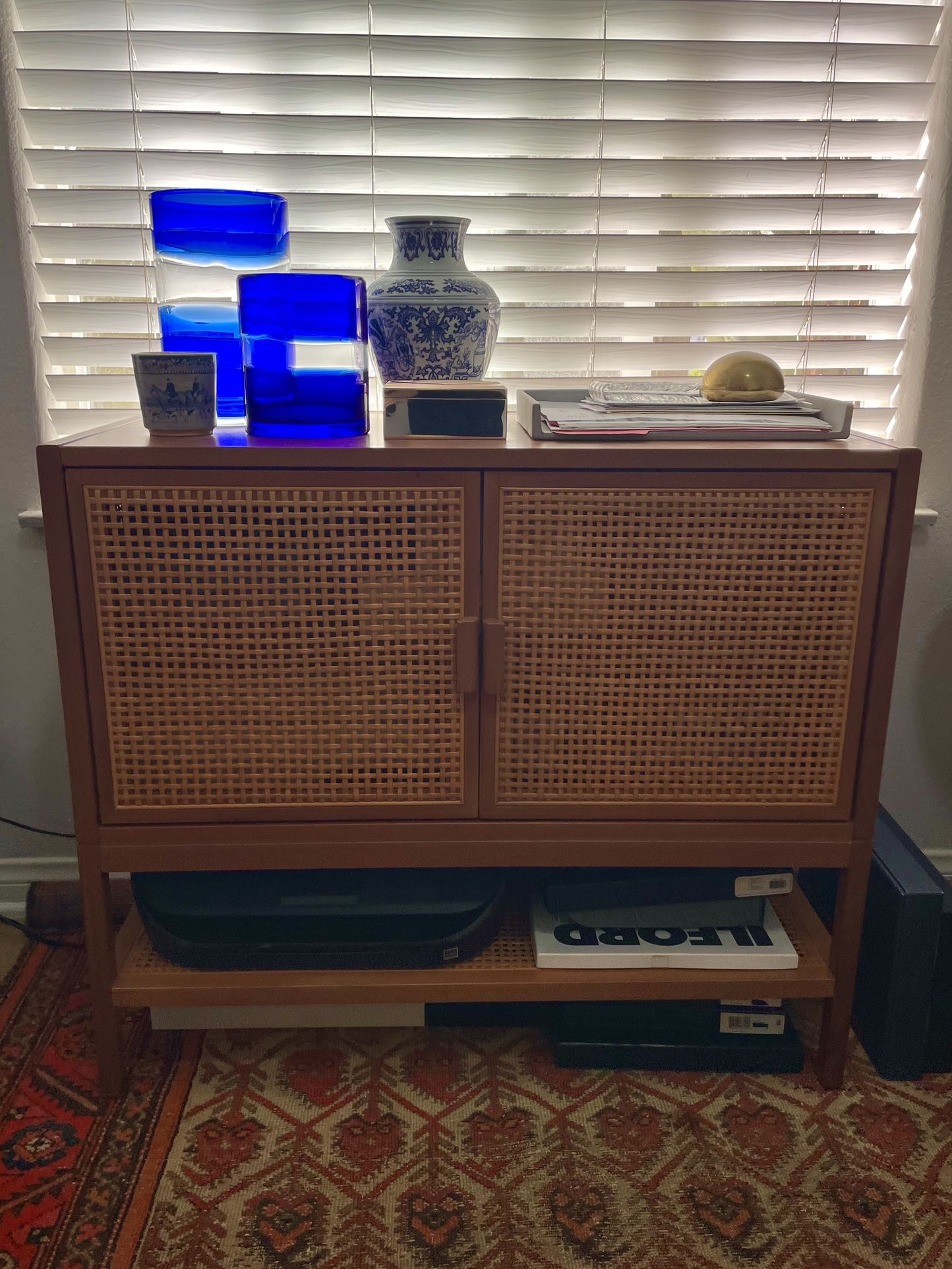 Rattan Storage Accent Cabinet Credenza - Natural Wood - 2 Doors With Shelves 