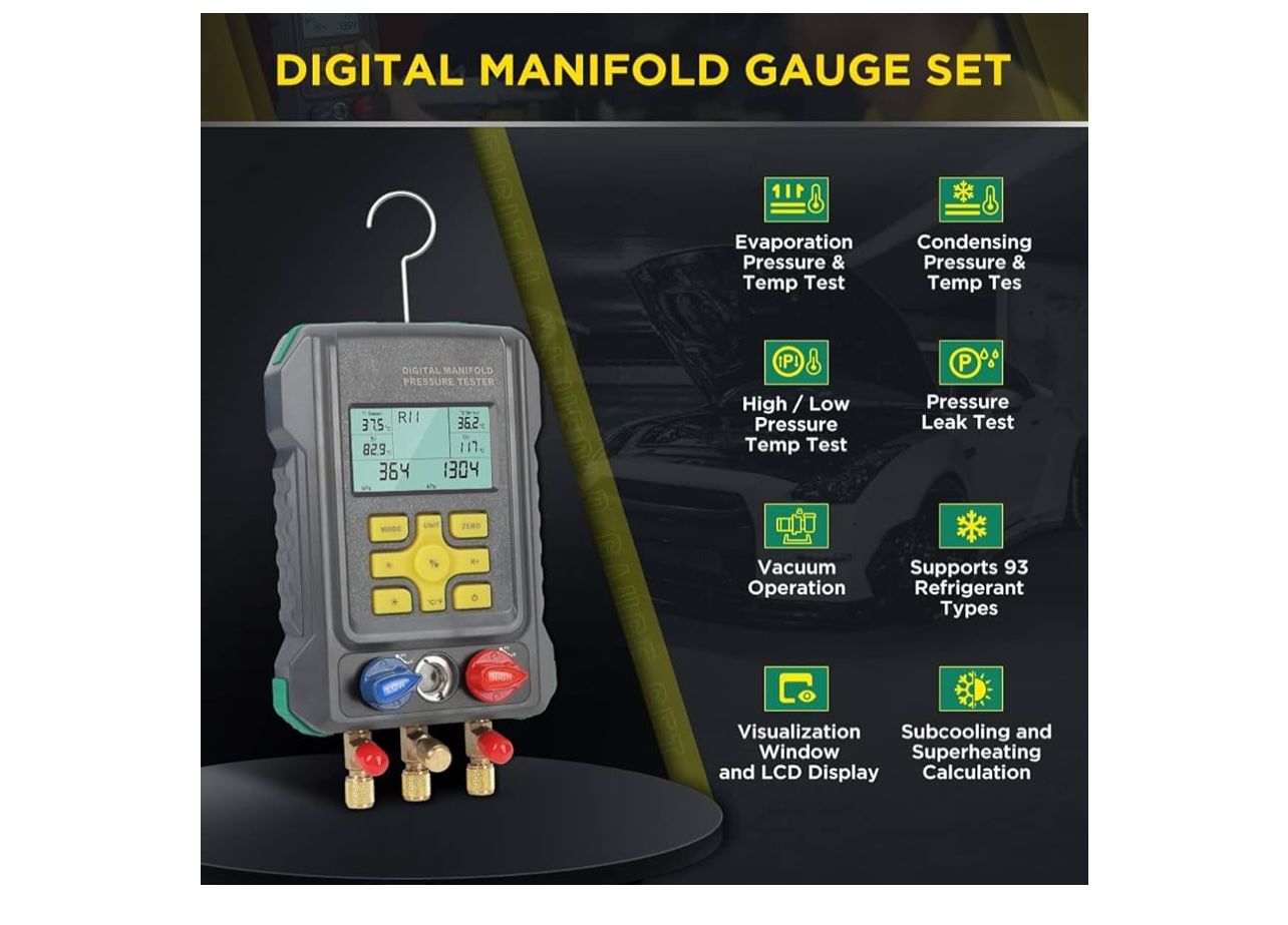 Gauges Digital Manifold Gauges Set, 93 Refrigerants, Pressure and Temp Test, HVAC Tools