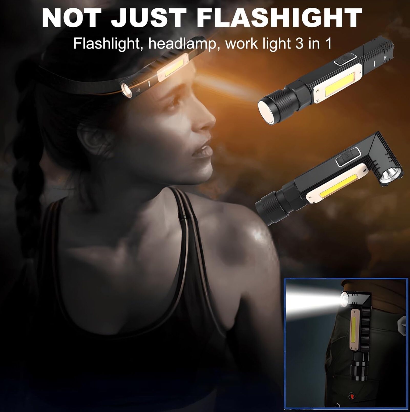 Flashlights High 5.0 Stars, LED Headlamp & Work Light 3 in 1, Multifunctional Rechargeable Flashlight, Head Lamp with 5 Modes, Headlamp Strap, Tail Ma