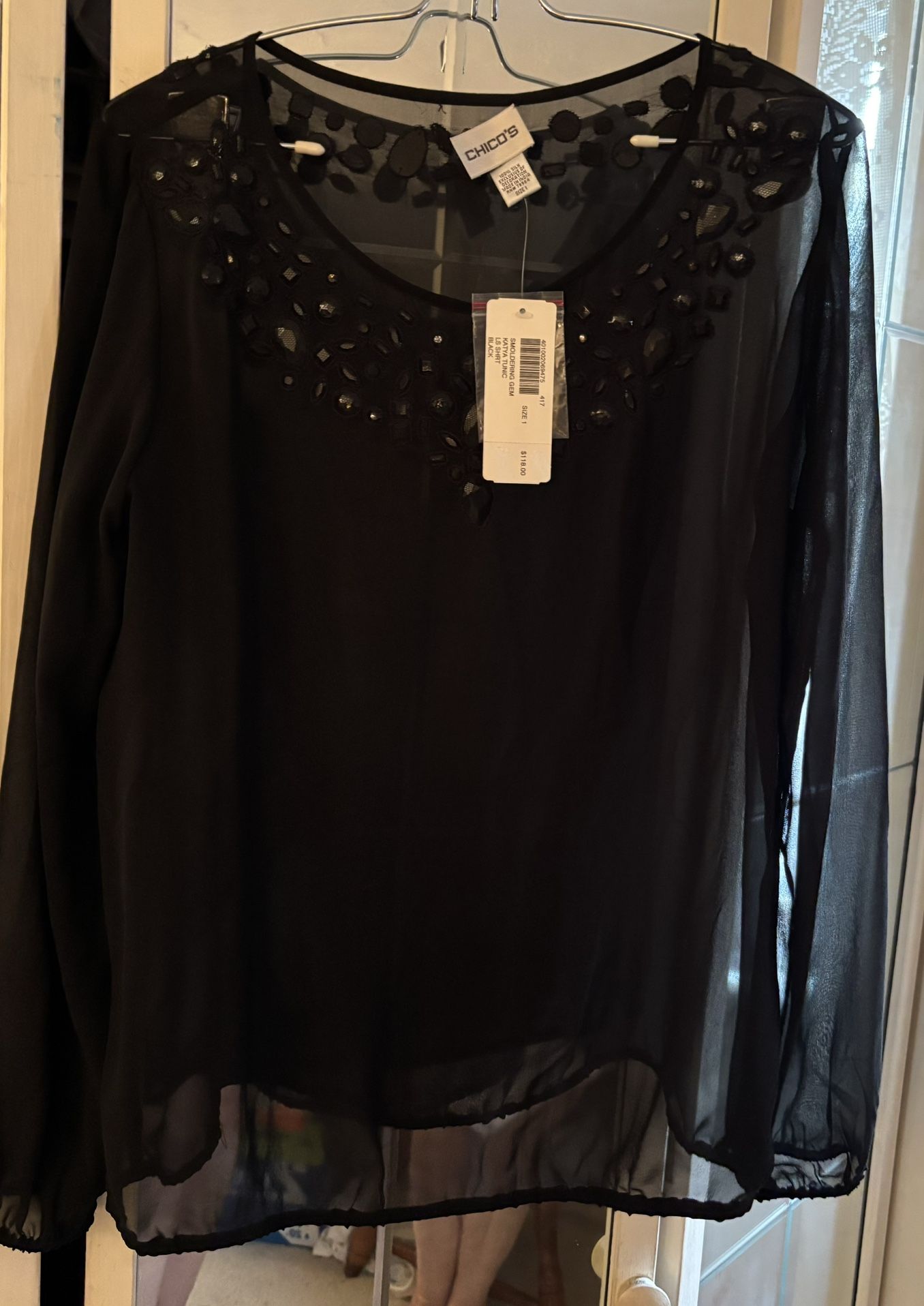 Black, sheer, black beaded detail along the neck line all around,long sleeve blouse