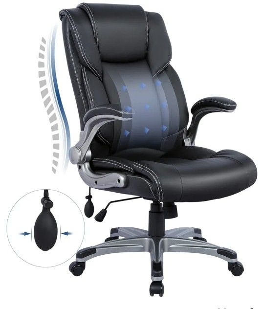COLAMY High Back Executive Office Chair- Ergonomic  Leather with Padded Flip-up Arms 275 lbs cap