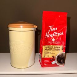 Tim Hortons Original Blend Coffee Grounds Bag and Vintage Metal Tin Canister