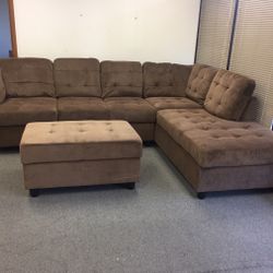 Brown Chenille Sectional Couch And Ottoman 