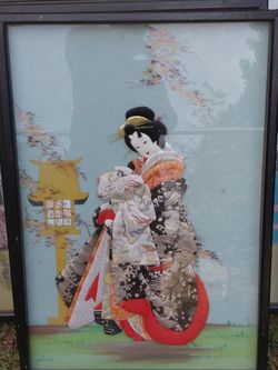 Vintage 1970s Japanese Kabuki Dancer Fabric 3D Cloth Shadow Box Art