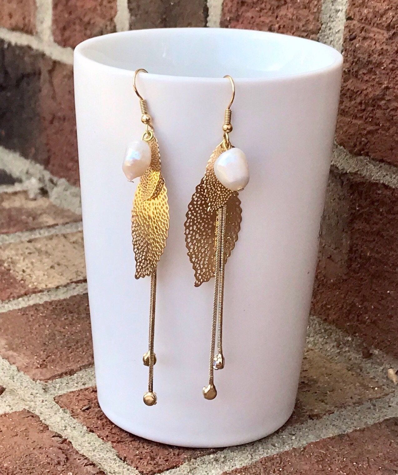 Leaf Earrings, Pearl Moonstone Earrings, Plated Gold Earrings, Natural Baroque Pearls, Dangle Drop Delicate Earrings, Shaky Gold Earring,